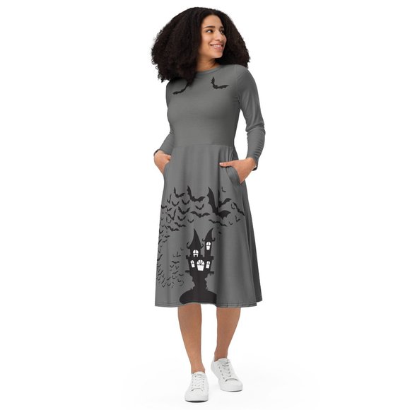 Gothic Bats Pockets Pinup Long Sleeve Dress - Picture 10 of 12